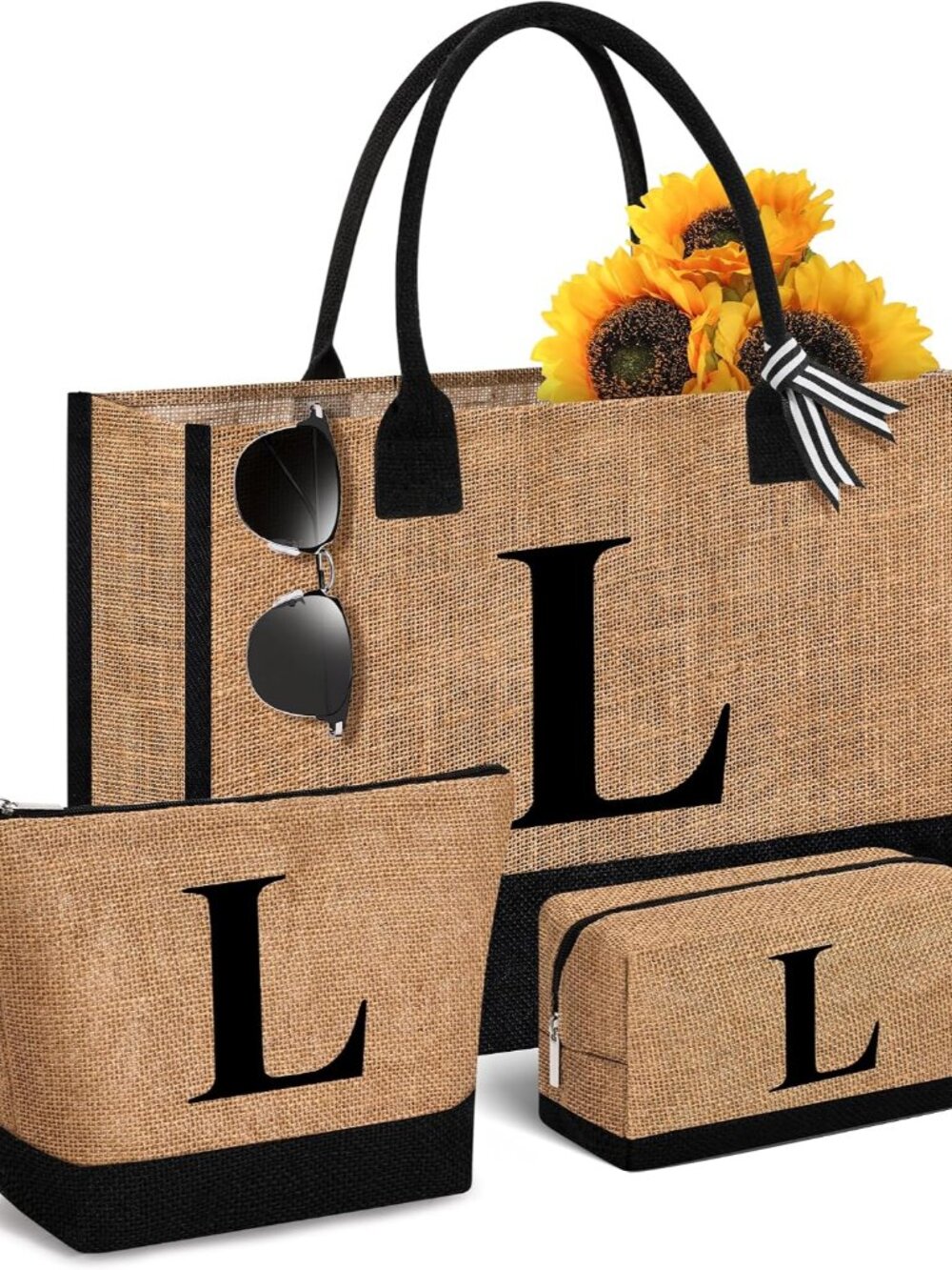 Initial Canvas Jute Tote Bag for Women, Monogrammed 3-Piece Gift Bag Set with Ma